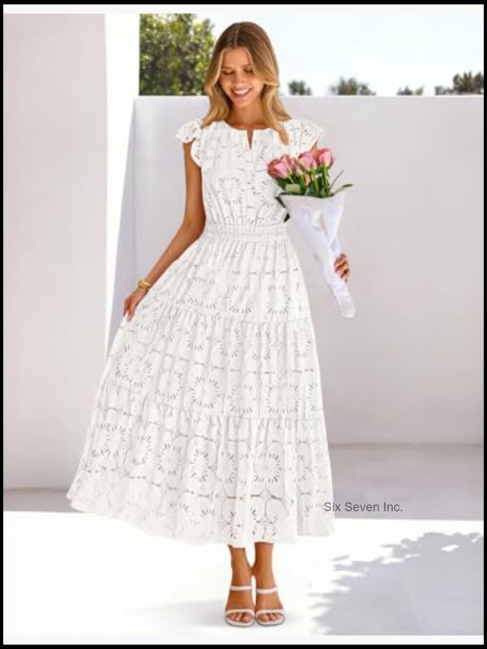 Women's Summer Lace Eyelet Maxi Dress Flutter Sleeve Tiered Boho Beach Vacation - Picture 3 of 7